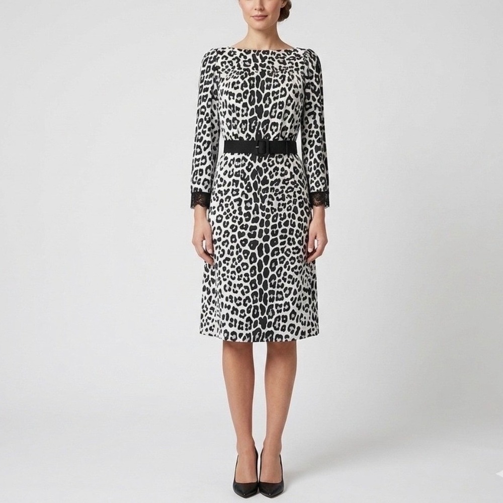 Marc Jacobs Leopard Print Belted Midi Dress Black White Silk Lined Size 0